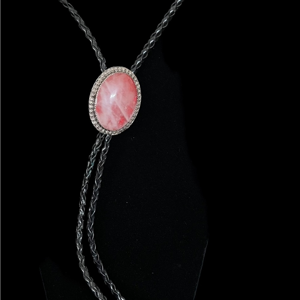 Vintage, Artisan made leather, sterling and pink genuine stone BOLO TIE.